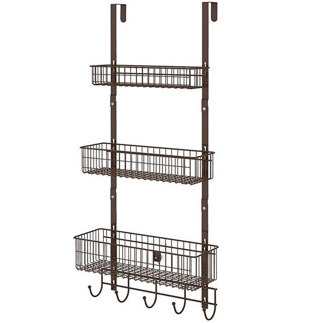 CADUKE Over The Door Organizer Door Hanger Towel Rack 3-Tier Over Door Hooks Organizer 5 Hooks with Basket Back of Door Storage Rack Shelf for Bathroom, Kitchen, Bedroom, Brown