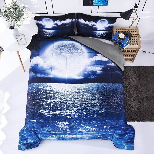 Bedding Set 3 Piece Queen Size Moon on Sea Print Comforter Set with Two Matching Pillow Covers