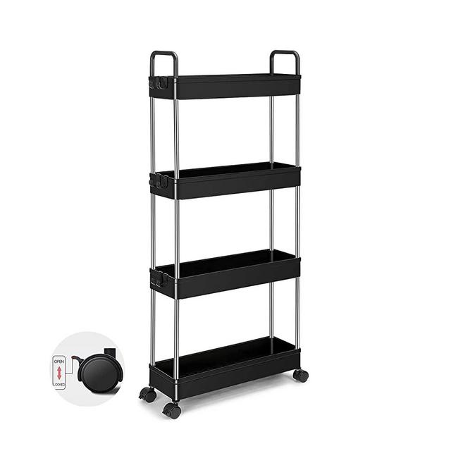 Slim Storage Carts Small Rolling Little Cart Shelves Rolling Spice Rack for Bathroom Kitchen Living Room Bedroom Storage Organize Great for Tight Spaces Narrow Gap with 4 Storage Baskets (Black)