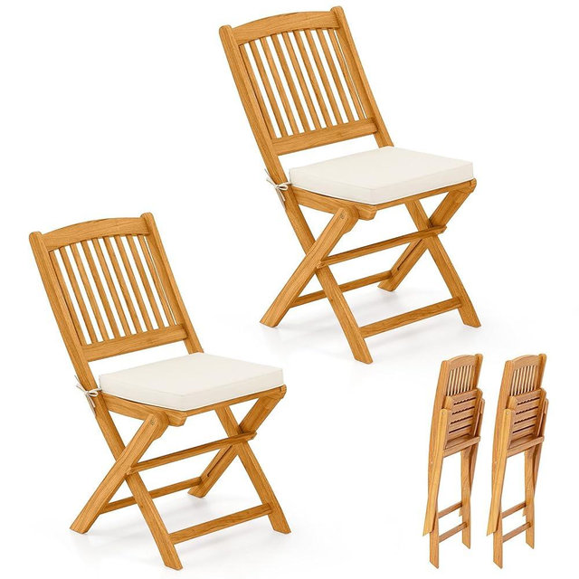 Tangkula 2 Pieces Folding Outdoor Dining Chairs, Acacia Wood Patio Chairs with Soft Cushions, Slatted Backrests and Seats, Outdoor Chairs for Porch, Balcony, Deck and Yard (One-Size,Beige,2)