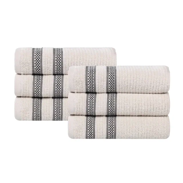 Zero Twist Cotton Ribbed Modern Geometric Border Hand Towel Set of 6, Stone - Blue Nile Mills