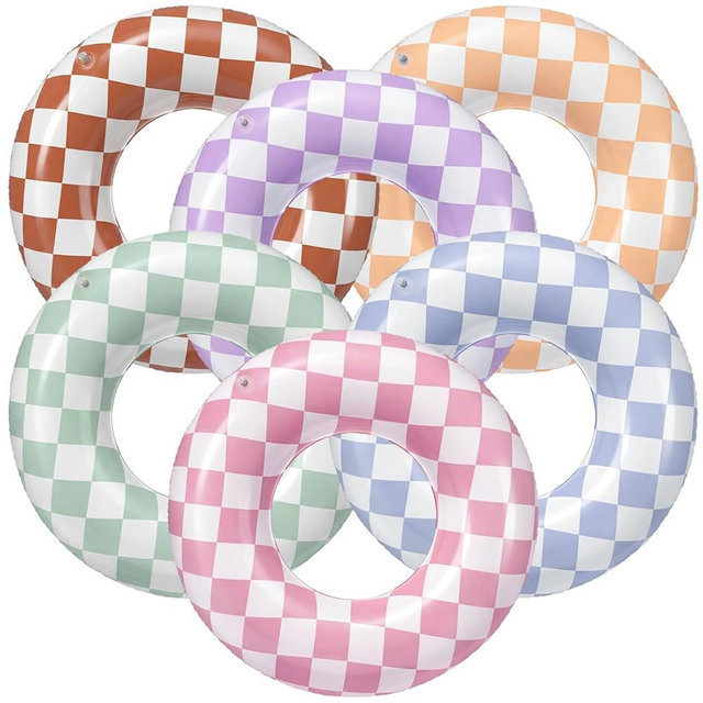 PullCrease 6 Pcs Inflatable Tube Pool Floats 6 Colors Morandi Checkered Swim Rings Swimming Pool Tubes for Summer Beach Bachelorette Party, 30 x 14 Inch