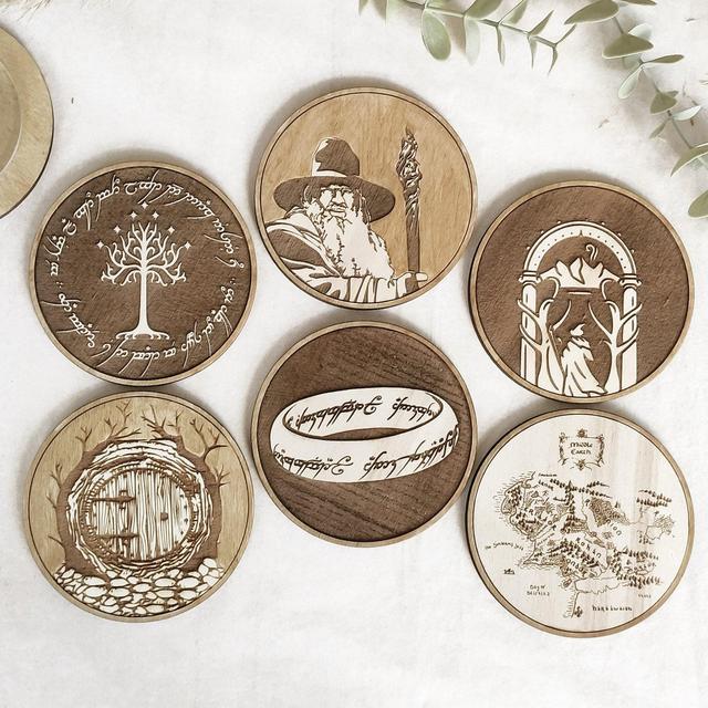 Set of 6 Lord of the Rings Wooden Coasters • The Ring, Hobbit Door, Middle Earth Map, Gandalf, Gondor Tree and Doors of Durin • Gift • Geek