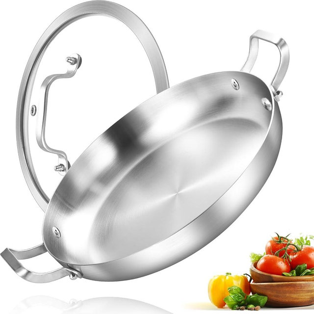 Inqibee 10-Inch Tri-Ply Stainless Steel Paella Pan with Lid, Omelet Pan, Large Skillet, Griddle, Stir-Fry, Jumbo Cooker, Induction Cooking, Dishwasher and Oven Safe