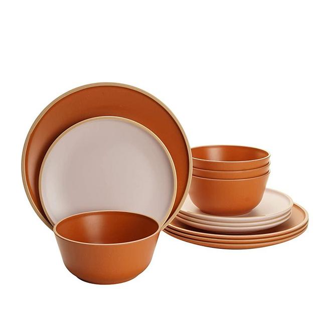 Gufaith 12 Piece Melamine Dinnerware Set,Dinnerware Sets for 4 Suitable Indoors and Outdoors, Unbreakable, BPA Free (Terracotta Color)