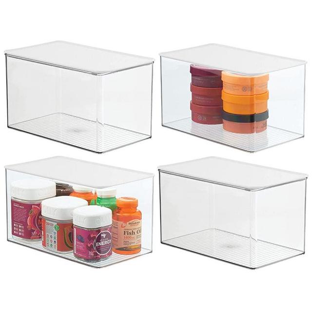 mDesign Stackable Bathroom Storage Box with Lid - Container for Organizing Hand Soaps, Body Wash, Shampoos, Conditioners, Hand Towels, Hair Accessories, Body Spray, 4 Pack - Clear/White