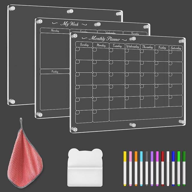 CSTKPFV Acrylic Calendar for Fridge, Set of 3 Clear Magnetic Dry Erase Board Calendar for Refrigerator, Reusable Planner Board Calendar Includes 12 Markers 12 Colors(16"x12"Inches)