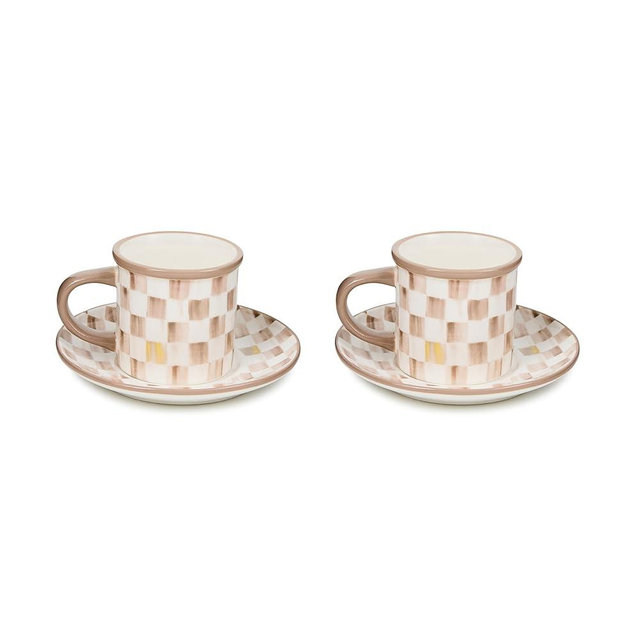 MACKENZIE-CHILDS Set of 2 Stoneware Espresso Cup and Saucer, Cute Coffee Cups, Brown-and-White Mocha Check