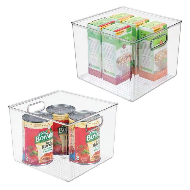 mDesign Plastic Food Storage Container Bin with Handles - for Kitchen, Pantry, Cabinet, Fridge/Freezer - Large Organizer for Snacks, Produce, Vegetables, Pasta - BPA Free, 10" Square, 2 Pack - Clear