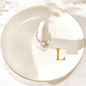 Ceramic Initials Jewelry Tray Ring Dish With Personalized L-Monogrammed Engagement Wedding Gifts, for Birthday Mother's Day for Women, Ceramic White 4.7" x2.4"