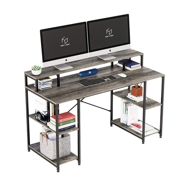 Nost & Host Computer Desk with Monitor Shelf & Adjustable Storage Shelves, 55 Inches Dual Monitor Desk with Hutch, Ergonomic Gaming Table, Home Office Sturdy Table, Easy Assemble, Gray