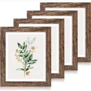 Hongkee 11x14 Picture Frame Set of 4, Made of Glass and Rustic Brown Wooden Frame, Display 8x10 Pictures with Mat or 11 x 14 Posters without Mat for Wall Mounting, Gallery Photo Frames