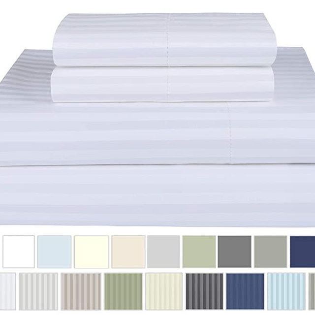 Threadmill Home Linen 600 Thread Count 100% Cotton Sheets, 1CM Damask Stripe White Queen Sheets 4 Piece ELS Cotton Bed Sheet Set Luxury Sateen Sheets Fits Mattress Up to 18'' Deep Pocket