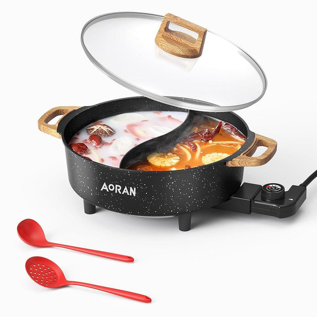AORAN ​​Electric Hot Pot with Divider, 1350W 8L Nonstick Smokeless Cooker for Shabu Shabu & Fondue, Multi-Function Cookware with Soup Ladle, Strainer, Includes Tongs - Easy to Clean, Black
