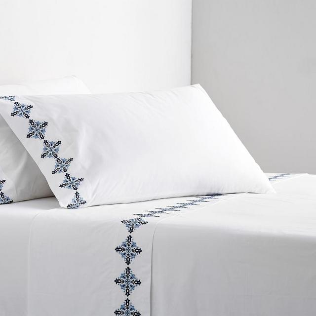 Tile Embroidered Organic Percale Sheet Set, Queen, Cool Multi