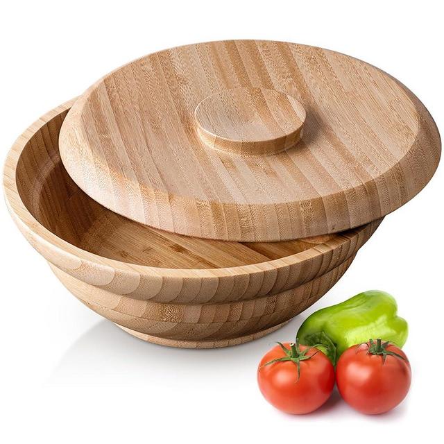 Bambum Minola Bamboo Salad and Fruit Bowl with Lid, 9.6" Diameter x 3.7" Height, Natural Bamboo Wood Salad and Fruit Bowl, Wooden Salad Bowl, Single Bowl