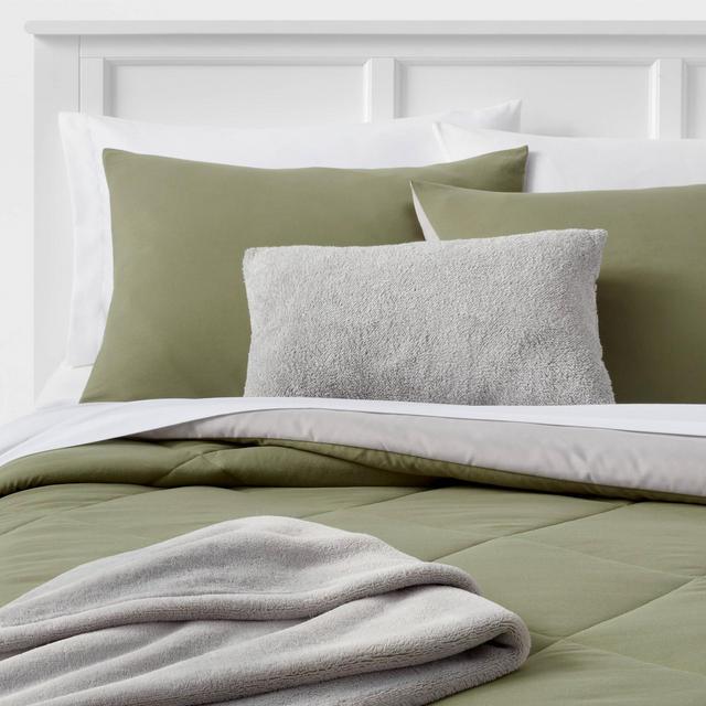 5pc Full/Queen Solid Microfiber Reversible Decorative Bed Set with Throw Olive Green/Gray - Room Essentials™