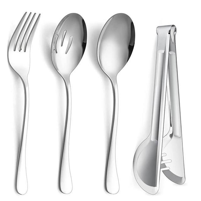 Large Serving Utensils Set of 8, E-far Stainless Steel 9.8 Inch Serving Spoons Slotted Spoon, 9.9 Inch Serving Fork, 9.4 Inch Serving Tong for Buffet Catering Banquet, Mirror Finish & Dishwasher Safe