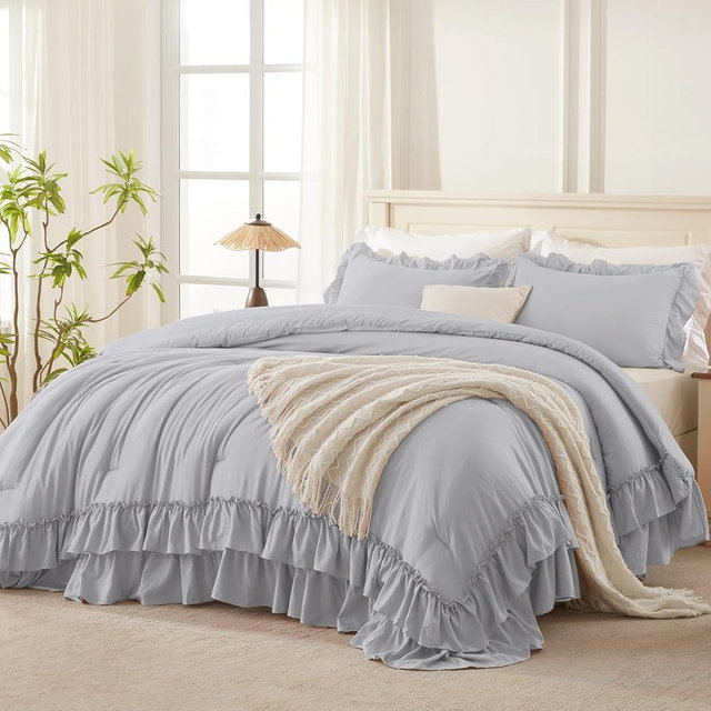 Andency Light Gray California King Comforter Set, 3 Pieces Lightweight Fluffy Farmhouse Shabby Chic Bedding Comforter Sets, Soft Microfiber All Season Cal King Bed Sets(104x96Inch)