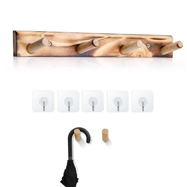 Wooden Wall Mounted Coat Rack,4Peg Solid Wood Entryway Coat Hat Hooks Rack - Bathroom Kitchen Towel Rack - 2Pack Wood Coat Hooks Wall Mounted and 5PCS Door Adhesive- for Hanging(Carbonized Wood)