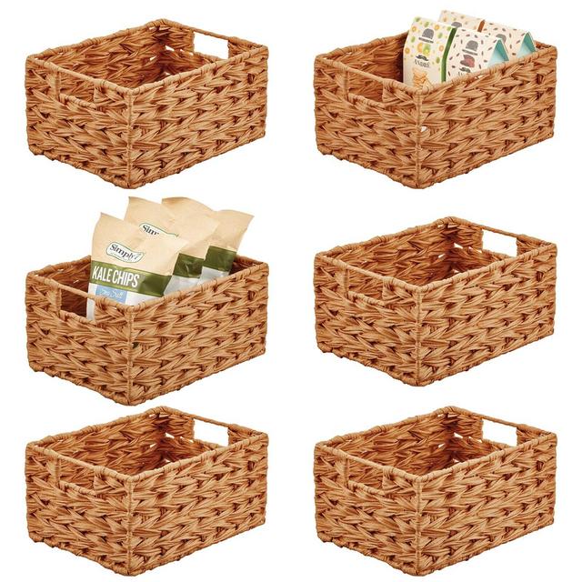 mDesign Woven Farmhouse Kitchen Pantry Food Storage Organizer Basket Bin Box - Container Organization for Cabinets, Cupboards, Shelves, Countertops - Store Potatoes, Onions, Fruit, 6 Pack, Camel Brown