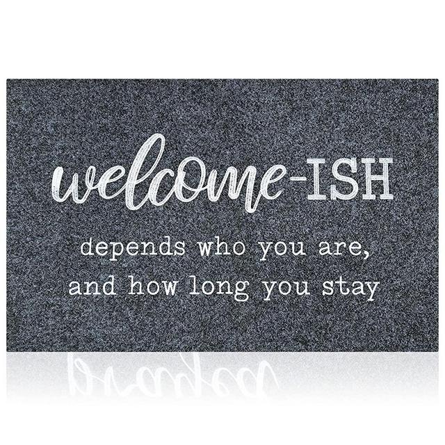 Large Welcome Mat for Front Door Outside Patio Rug Funny Welcome-ish Gray Doormat Non-Slip Rubber Backing Heavy Duty Entryway Rugs Waterproof Low Profile Mats for Entry Shoe Rugs 24"x36"