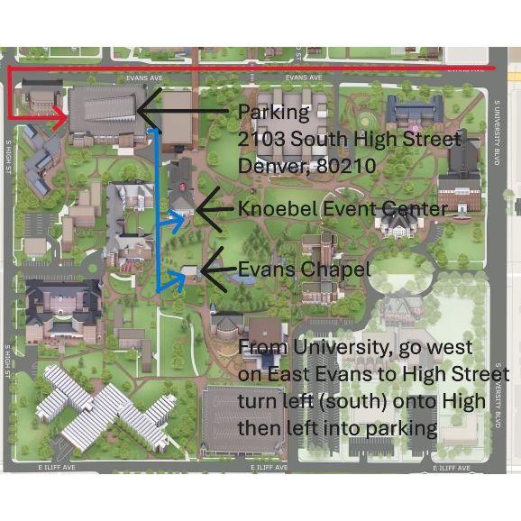 This map shows where to park on the DU campus.  Follow the BLUE line to the Evans Chapel and Knoebel Event Center.