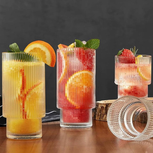 6 Pack Ribbed Drinking Glasses, 16 oz Vintage Glass Cups, Highball Glasses, Premium Iced Coffee Glasses, Clear Glass Tumbler, Cocktail Glasses, Elegant Glassware for Water Juice Whiskey Beer