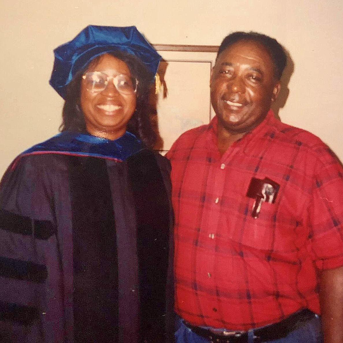 Tribute to my daddy:  Deneese celebrating with her daddy after receiving a Ph.D. degree in Curriculum and Instruction from Texas A&M University, College Station, TX.  (1991)