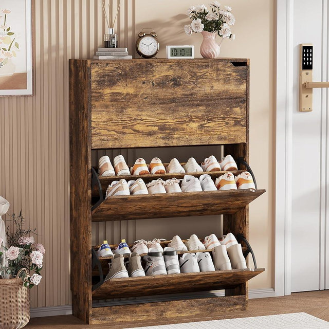 Shoe Storage Cabinet, Wood Shoe Organizer for Entryway with 3 Flip Drawers, Freestanding Shoe Rack w/h Adjustable Shelf,Narrow Shoe Dresser for Front Door Entrance(Brown, 47.2" x 31.5" x 9.25")