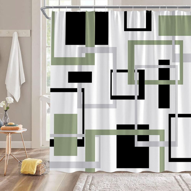 Modern Geometric Shower Curtain Sage Green Gray Black Abstract Boho Geometric Aesthetic Vintage Mid Century Farmhouse Fashion Fabric Bathroom Decor Curtain with Hooks