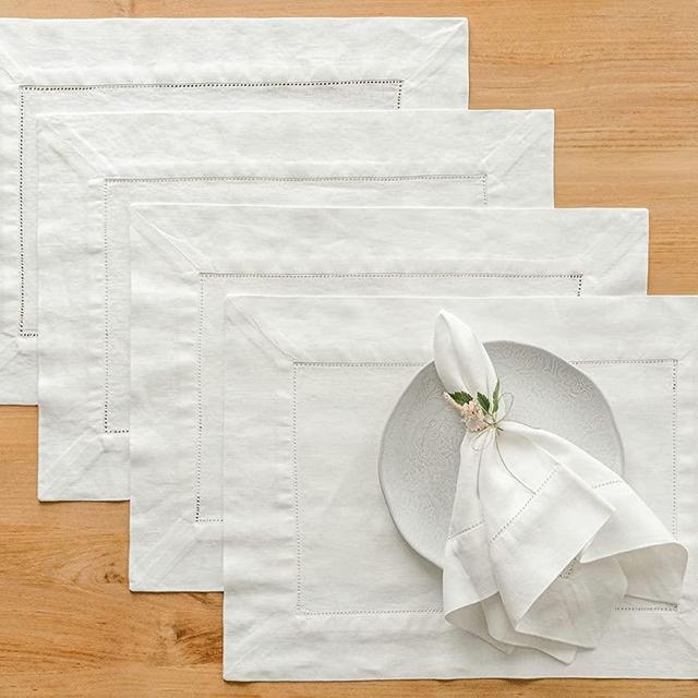 Solino Home Prewashed Linen Placemats – Heavyweight Hemstitch 14 x 19 Inch, Set of 4 Warm White, European Flax Placemats – Handcrafted with 100% Pure Linen