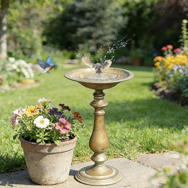 AIHAOKAN 19”H Antique Pedestal Bird Bath, Bird Baths for Outdoors, Hand-Crafted Metal Bird Bath Bird Feeder Seed Tray for Garden Yard Decor.