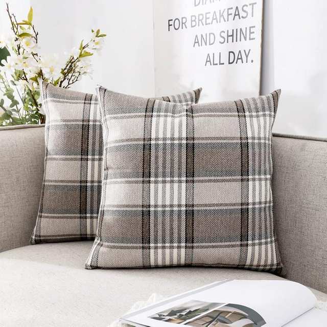 CARRIE HOME Brown Farmhouse Throw Pillow Covers 16x16 Set of 2 Plaid Decorative Throw Pillows 16 x 16 for Spring Fall and Winter Holiday Home Decor