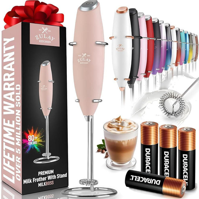 Zulay Kitchen Powerful Milk Frother Wand With 4 AA Duracell Batteries - Ultra Fast Handheld Drink Mixer - Electric Whisk Foam Maker for Coffee, Lattes, Cappuccino, Matcha & Creamer