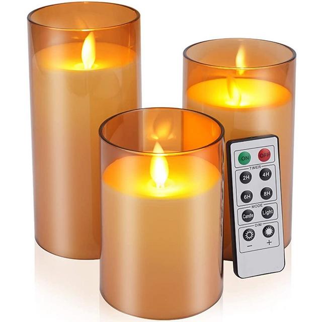 Flickering Flameless Candles Battery Operated Candles Imitation glass Candles with Remote Acrylic Cycling Timer 24 Hours Pack of 3（D:3"x H:4"5"6"）LED Candles Large Pillar Candles(Dark Brown)