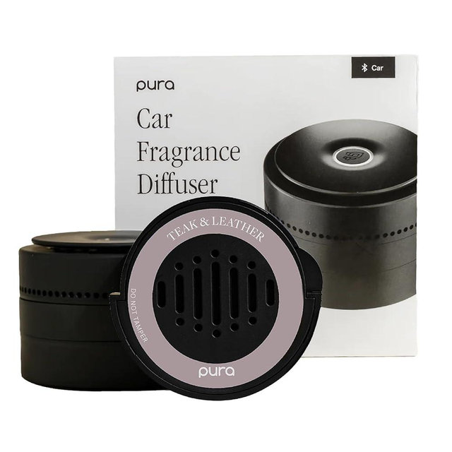 Pura Car Diffuser Starter Set - Smart Car Aroma Diffuser & Premium Car Diffuser Fragrance - Long-Lasting Fragrance for 30 Days of Aroma - Car Must-Have - Teak & Leather