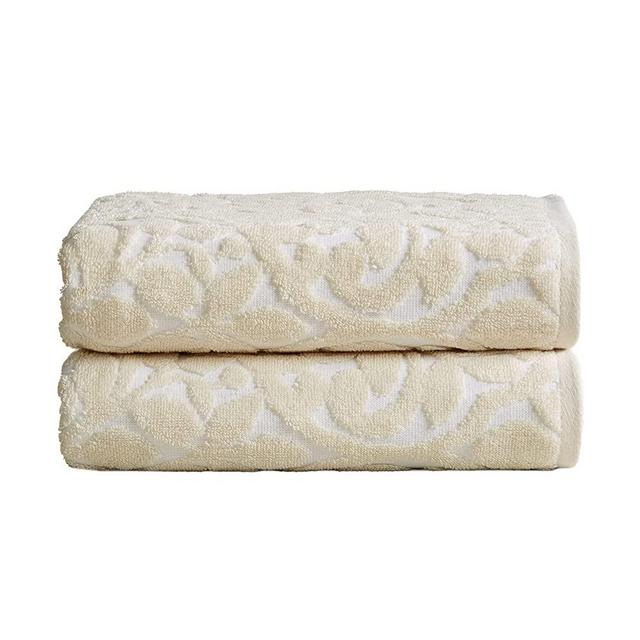 Great Bay Home 100% Cotton Jacquard Bathroom Towels. Absorbent Quick-Dry Plush Bath Towels. Cassie Collection (Bath Towel (2-Pack), White / Tan)