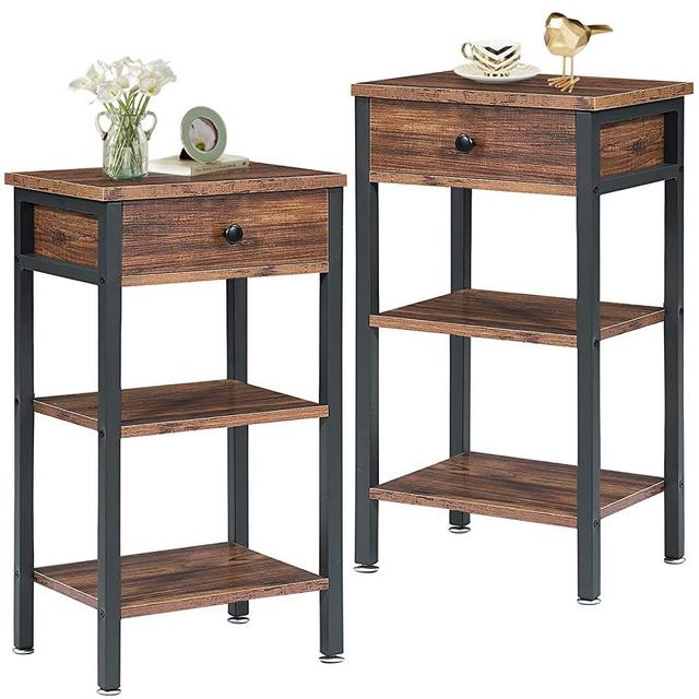 VECELO Modern End Side Table,Tall Nightstands with 3-Layer Storage Shelf for Small Spaces, Living Room, Farmhouse Easy Assembly,Set of 2, Brown
