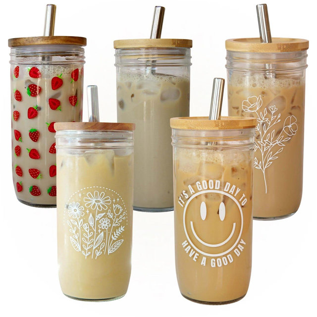 Mason Jar Iced Coffee Cup | Glass Coffee Cup | Iced Coffee Glass | Smoothie Cup | Boba Cup Set | Bubble Tea Cup
