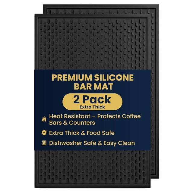 AXIESO 2 Pack Silicone Bar Mat - 1/2 Inch Thick Heat-Resistant and Food Safe Drip Mat - Spill Mats for Counter Top - Kitchen Service Mat, Coffee Bar, Restaurant - Drying Mat - 18 x 12 Inches
