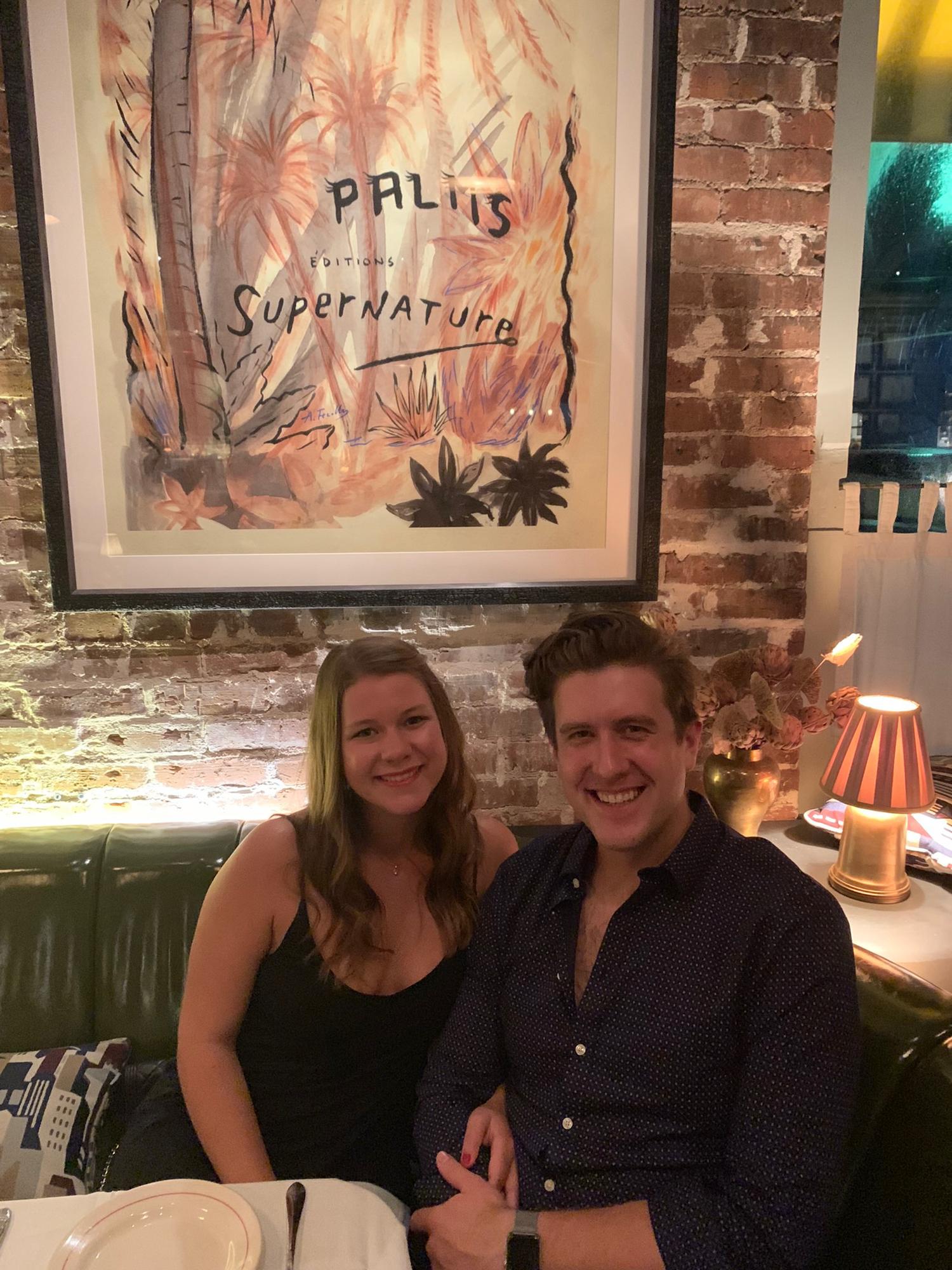 In our favorite restaurant where we had one of our first dates and celebrated our engagement!