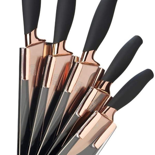 5pc Kitchen Knife Set & Block - Brooklyn by Taylors Eye Witness. Rose Gold Coloured Bolsters, Finely Ground Razor Sharp Titanium Coated Matching Blades. Soft Grip Handles. Modern Fan Shaped Holder.