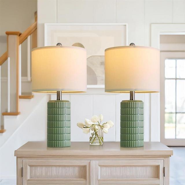 PoKat 20.75" Small Modern Ceramic Table Lamps Set of 2 for Bedroom, Green Bedside Lamps for Night Stands, Farmhouse House Decor Nightstand Table Lamps for Living Room End Table Green