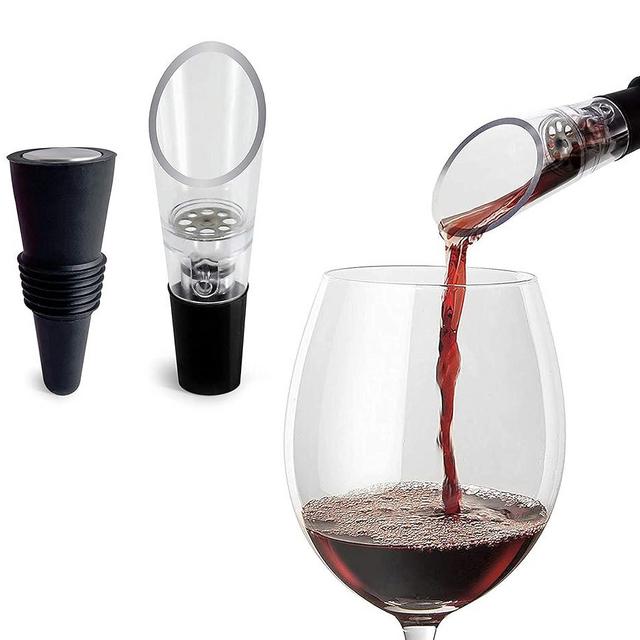 TenTen Labs Wine Aerator Pourer and Wine Stopper (2-pack) - Wine Saver - Wine Aerator and Re-corker - Gift Box Included (Black)