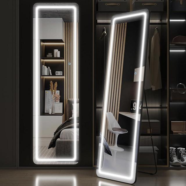 Biyatuos 56"x16" Full Length Floor Mirror Dimming Lights Bedroom Tall Full-Size Body Mirror Lighted Mirror,Free Standing Mirror,Wall Mounted Hanging Mirror,Dressing Mirror Touch Control (Black)