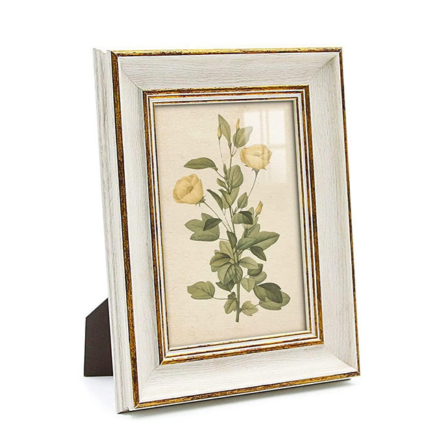 Sapowerntus Vintage 5x7 Picture Frame White Distressed Gold Edging Photo Frames Set Antique Real Glass Wall Hanging Tabletop Display Home Decor Wooden Grain Elegant Victoria Retro Gift