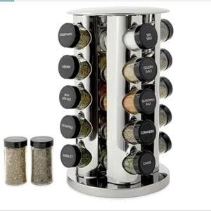 Kamenstein 20 Jar Revolving Countertop Spice Rack with Spices Included, FREE Spice Refills for 5 Years, Polished Stainless Steel with Black Caps, 30020