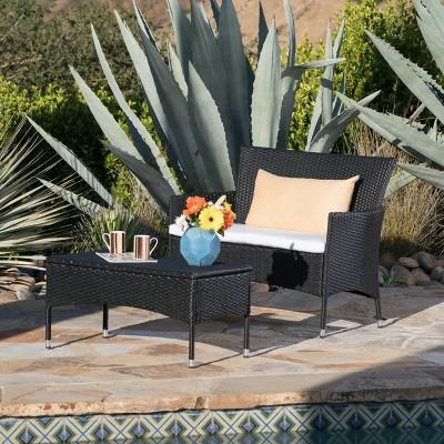 Malta 2pc Wicker Patio Loveseat & Coffee Table Set - Black/White - Christopher Knight Home