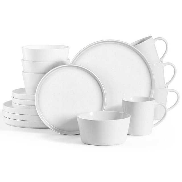 HaWare 16-Piece Dinnerware Sets, Stoneware Dinner Plates and Bowls Set for 4, Speckled Dishes Mug, Chip & Scratch Resistant, Microwave & Dishwasher Safe - Speckled Starlight White